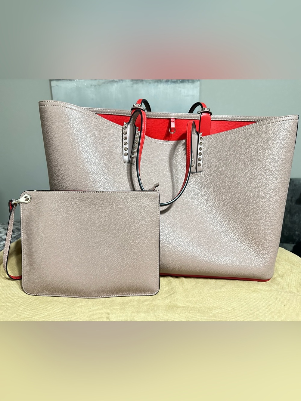 Christian Louboutin Large Cabata Tote Bag with Matching Pouch Beige/Taupe & Red